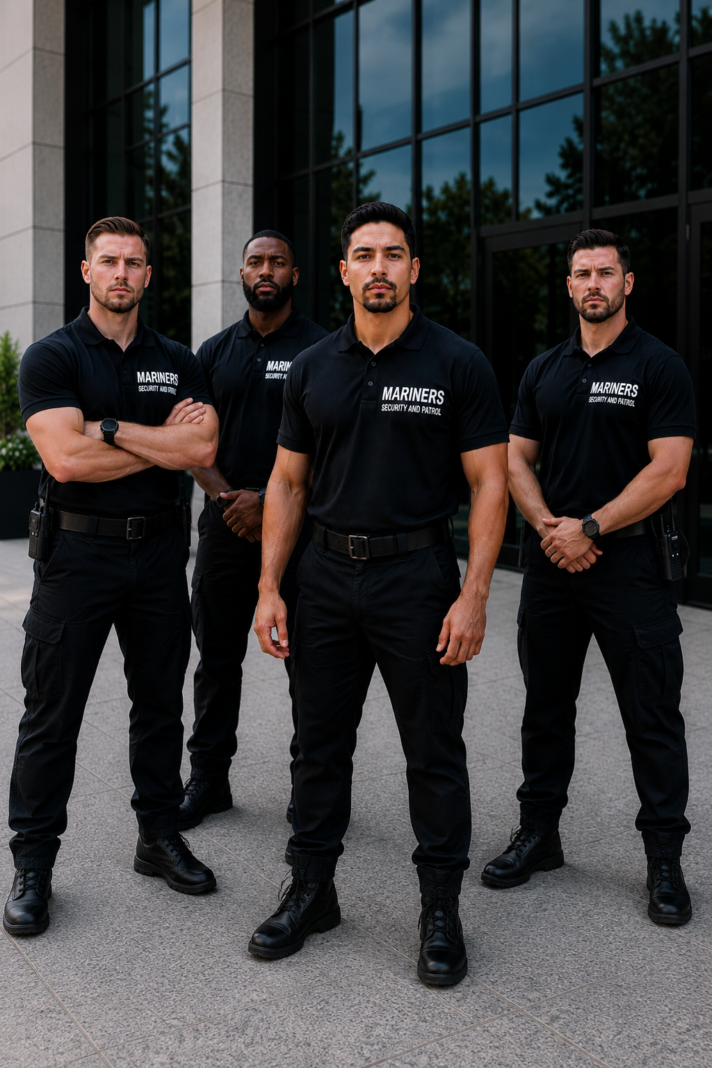Team of unarmed Mariners security guards in uniform outside an office building