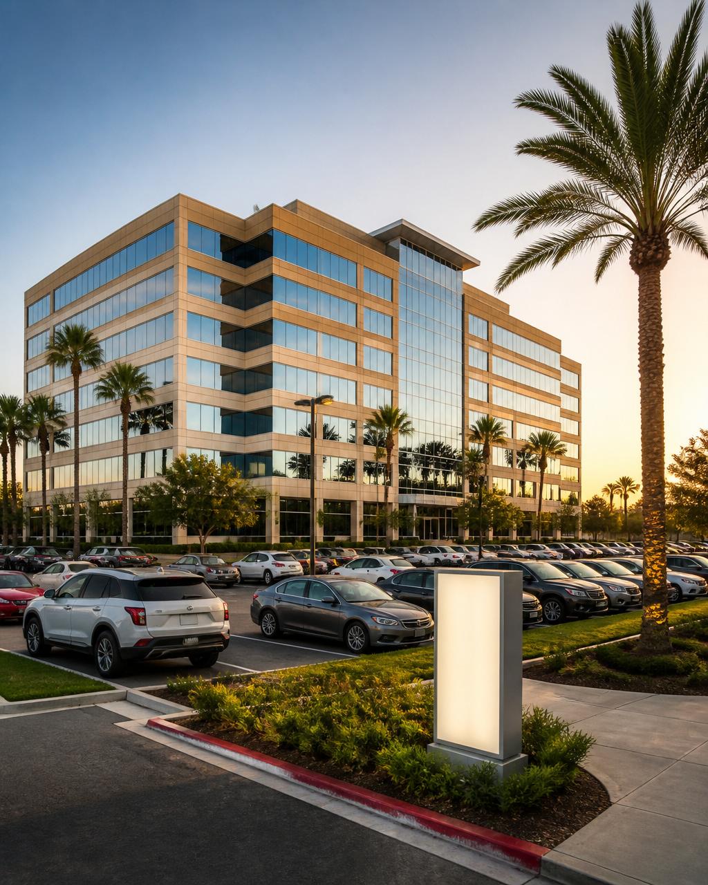 Orange County corporate office building with a full parking lot at golden hour