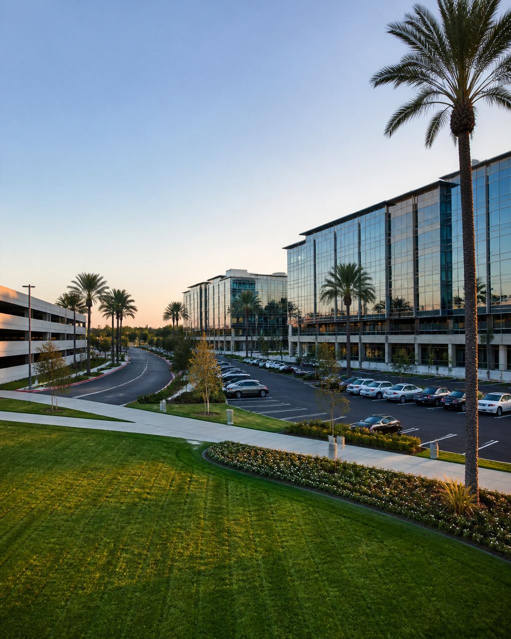 Business park campus with parking structure and surface lot in the evening